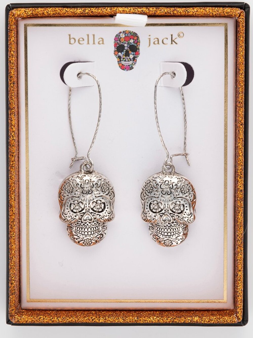 Bella Jack Boxed Dimensional Sugar Skull Earrings Silver Tone Floral Gothic